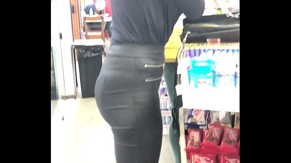 HOT BRUNETTE CANDID LEATHER PANTS IN GROCERY SHOP PETROL STATION PANTY LINE PT.2
